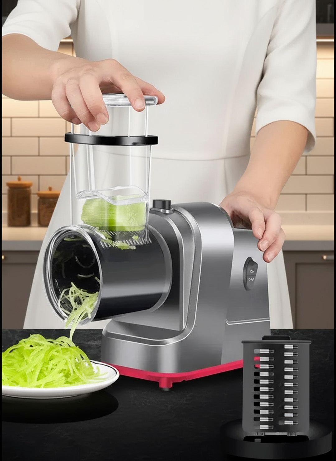 250W Electric Cheese Grater & Salad Maker – 6 Blade Attachments for Slicing, Shredding & Chopping Vegetables, Fruits & Cheese