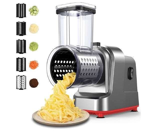 250W Electric Cheese Grater & Salad Maker – 6 Blade Attachments for Slicing, Shredding & Chopping Vegetables, Fruits & Cheese