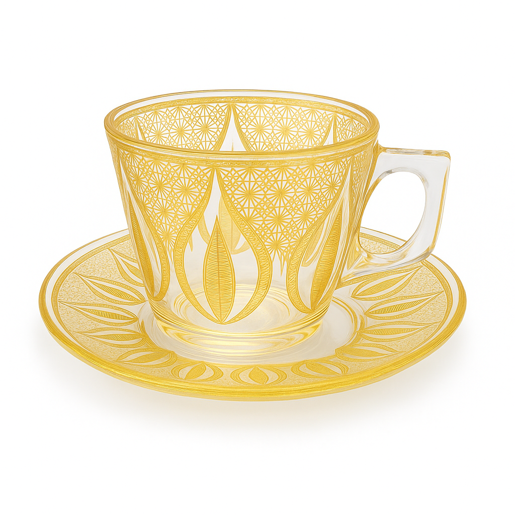 Set Of 6 Luxury Glass Tea Cup & Saucer Set – Gold Pattern Design