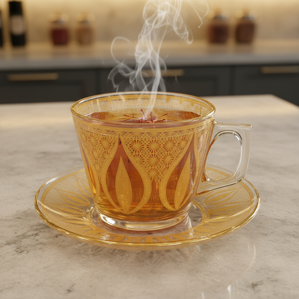 Set Of 6 Luxury Glass Tea Cup & Saucer Set – Gold Pattern Design