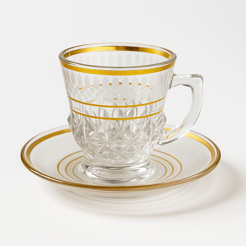 Set of 6 Glass Tea Cups with Matching Saucers – Elegant Gold Trim