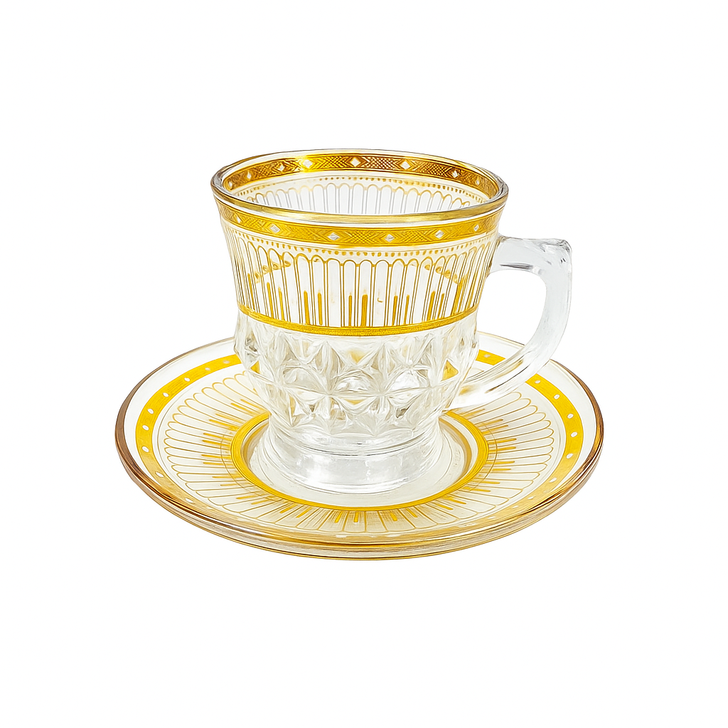 Set of 6 Premium Glass Tea Cups with Matching Saucers – Gold Trim Design