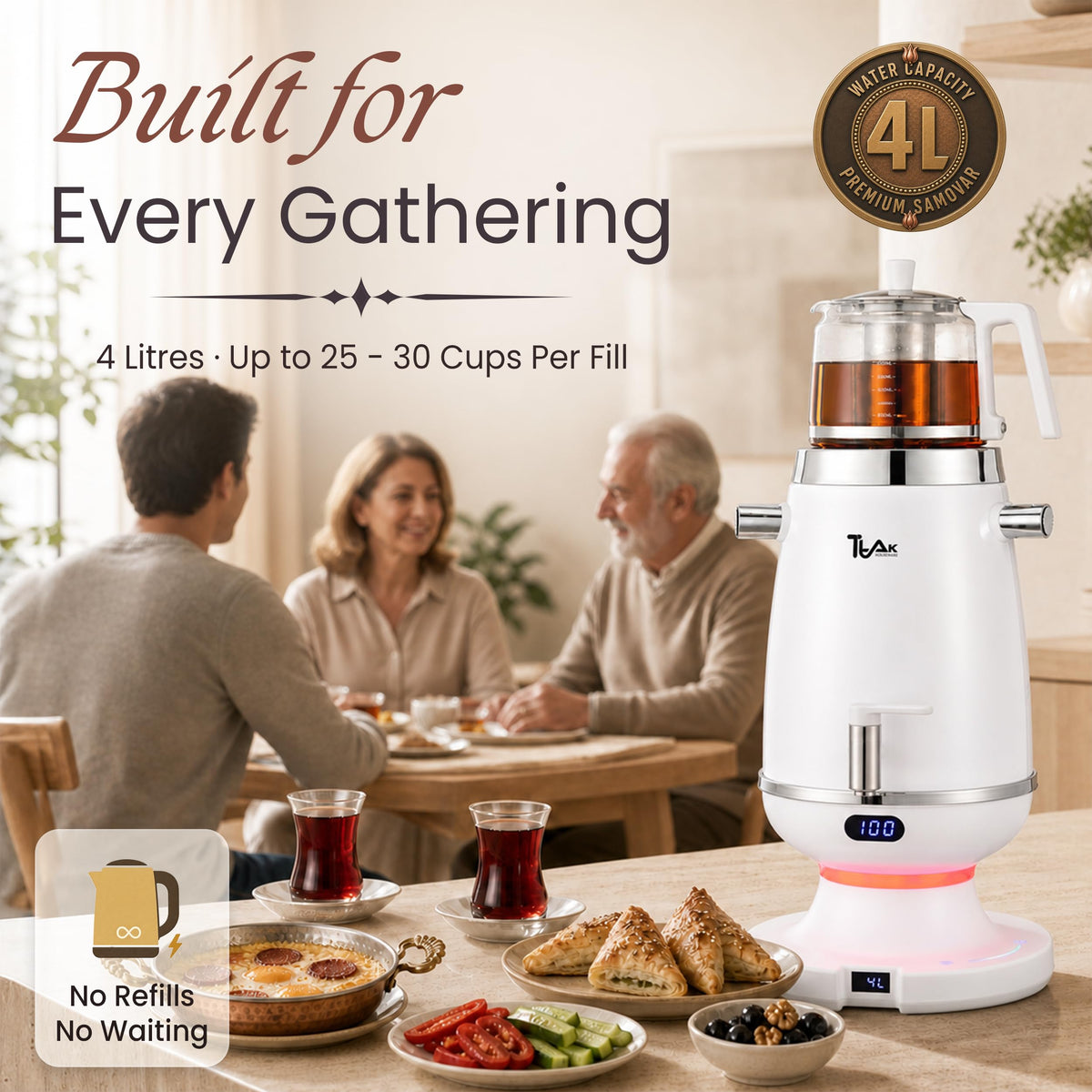 4L Electric Samovar with 1L Glass Teapot(Velora) – Digital Temperature Control, Keep Warm Function, Stainless Steel Tea Maker | Black & White
