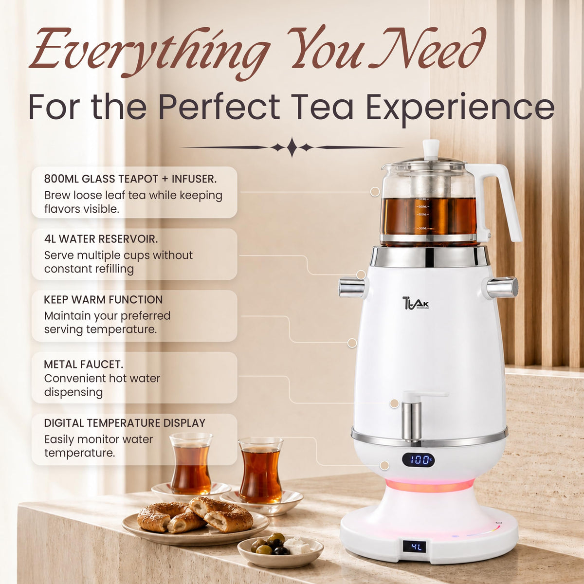 4L Electric Samovar with 1L Glass Teapot(Velora) – Digital Temperature Control, Keep Warm Function, Stainless Steel Tea Maker | Black & White