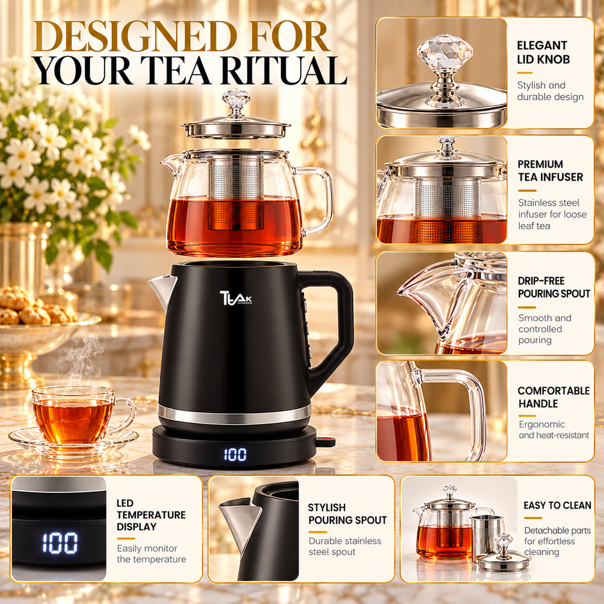 1.8 L Stainless Steel Electric Tea Maker with 1.1 L Glass Teapot