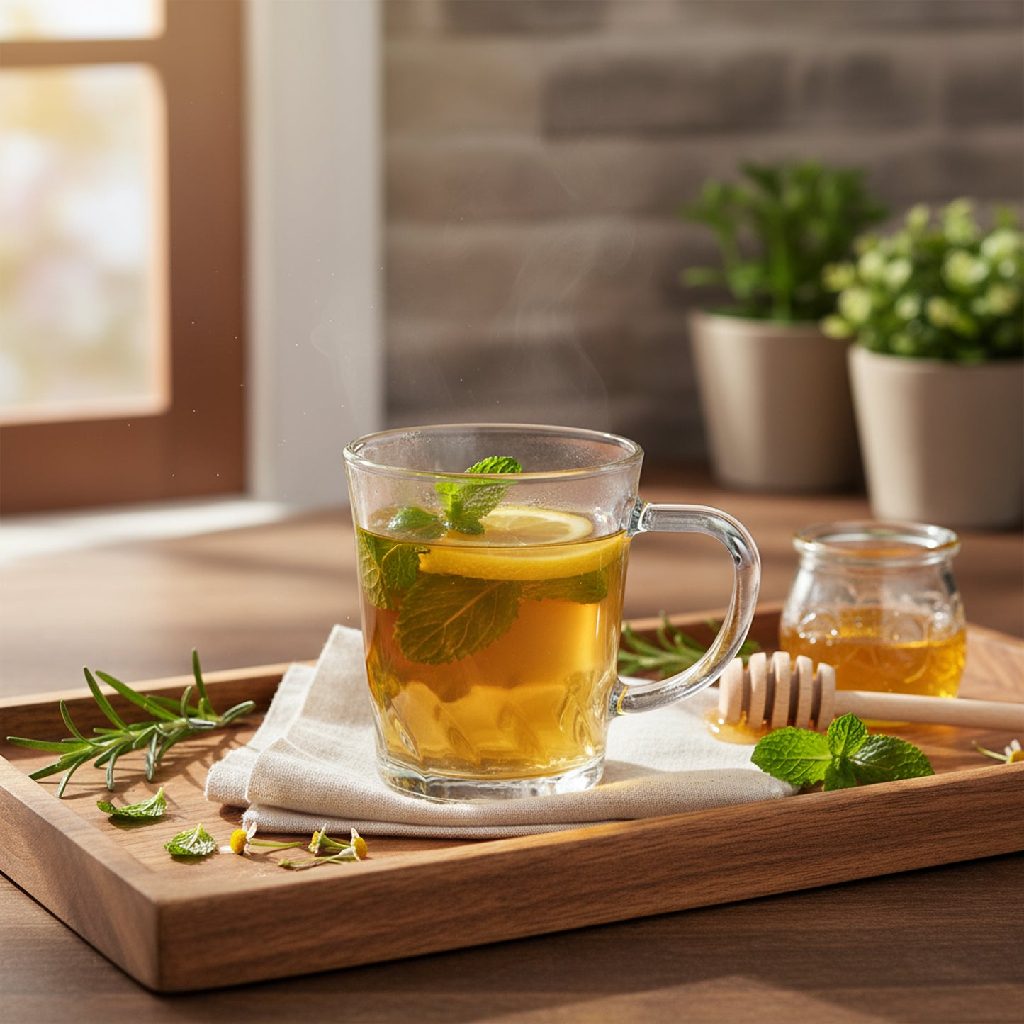 Glass Tea Cup Set (6PC) – 205ML Geometric-Base Clear Glass Cups with Handle