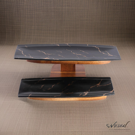 2-Tier Black Marble Design Ceramic Serving Tray Set with Bamboo Stand – Elegant Dessert & Snack Display