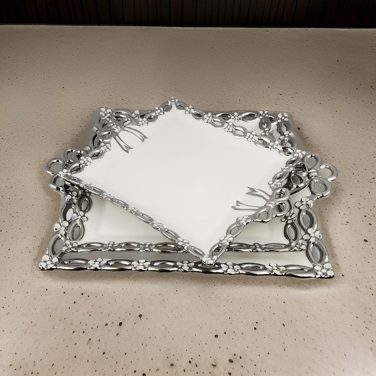 Luxury Square Ceramic Serving Tray Set with Silver Trim & Handles – 3-Piece Decorative Platt -10", 12", and 14"   ers