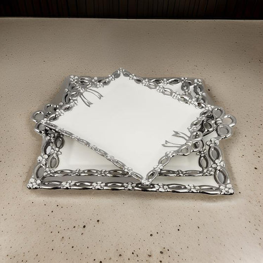 Luxury Square Ceramic Serving Tray Set with Silver Trim & Handles – 3-Piece Decorative Platt -10", 12", and 14"   ers