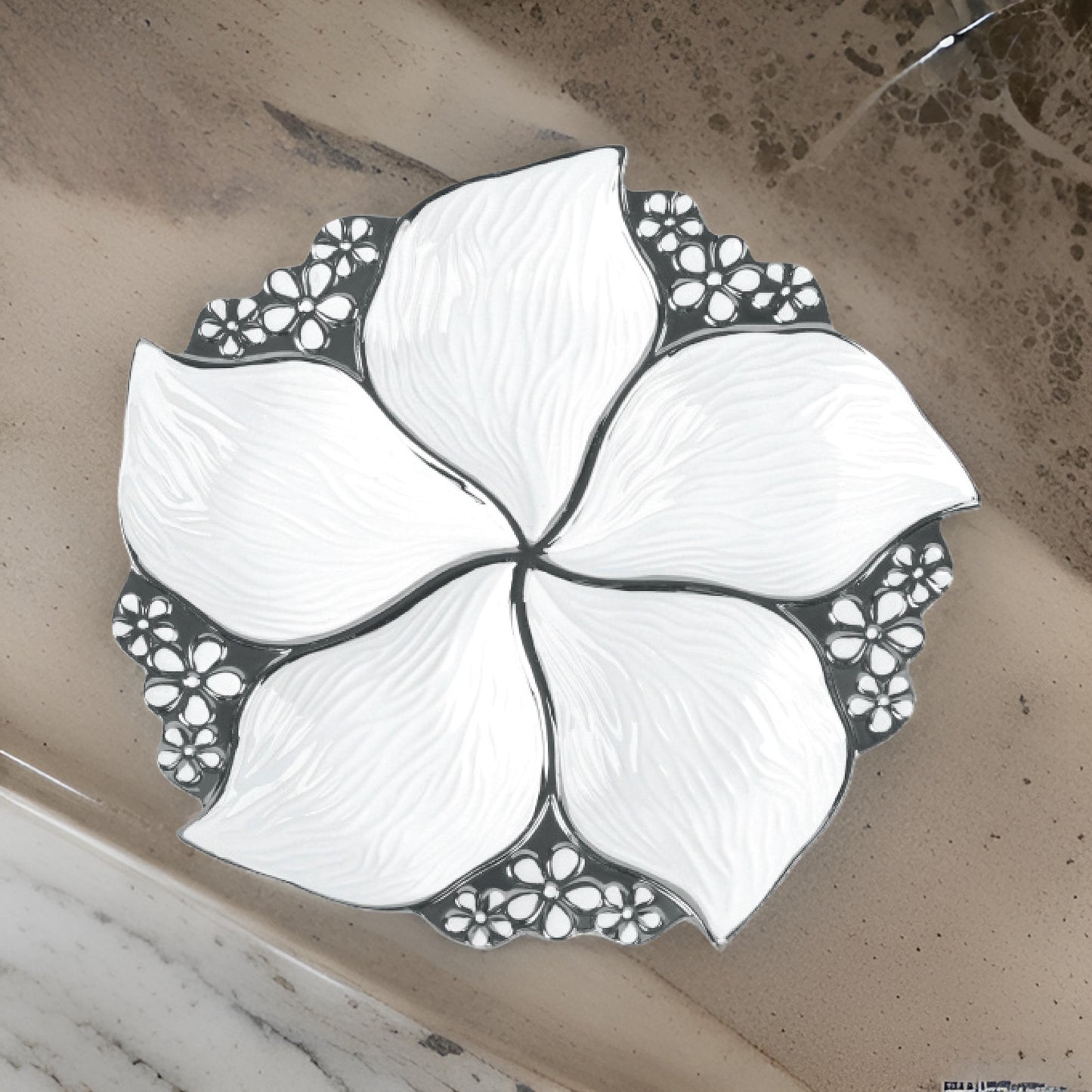 12 Inch Luxury Ceramic Sectional Serving Plate – Flower Petal Design with Silver or Gold Trim