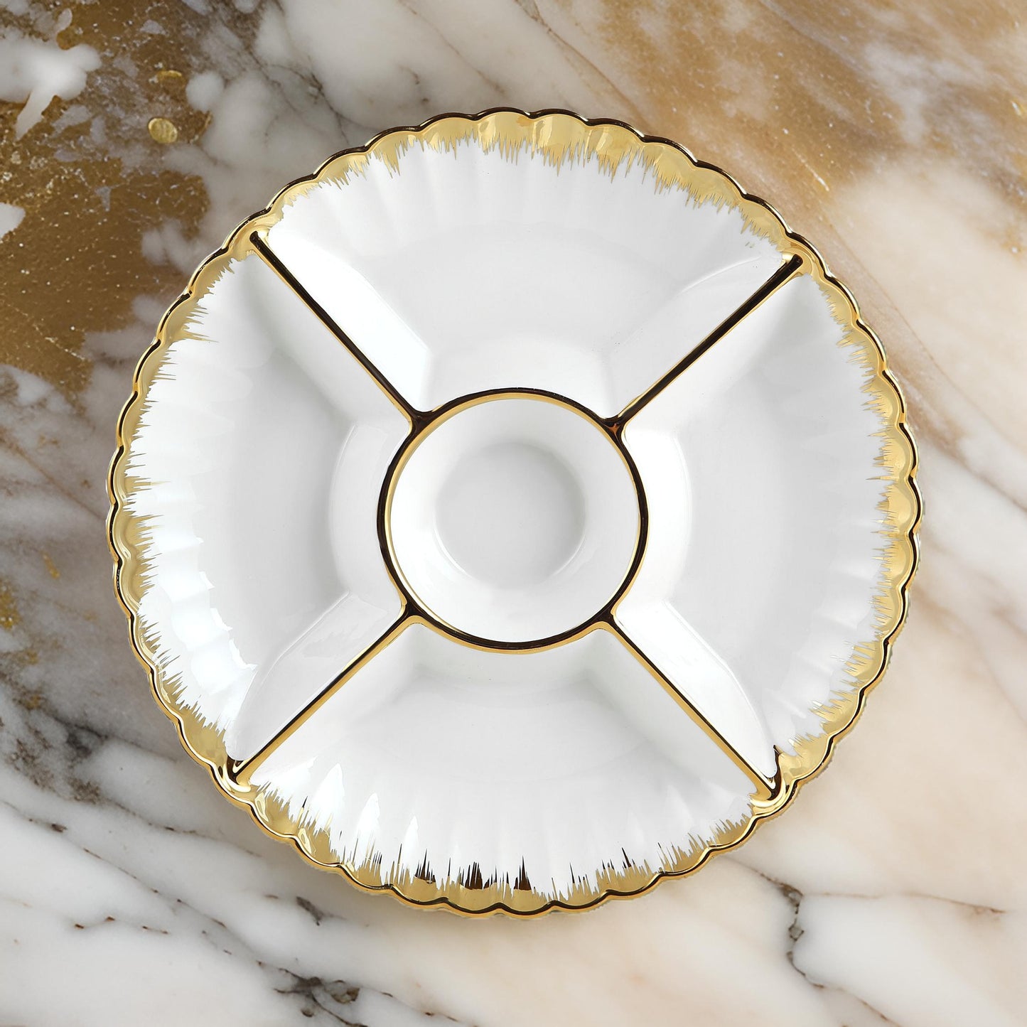 12 Inch Luxury Round Ceramic Serving Plate with Built-In 5 Compartments – Gold or Silver Trim