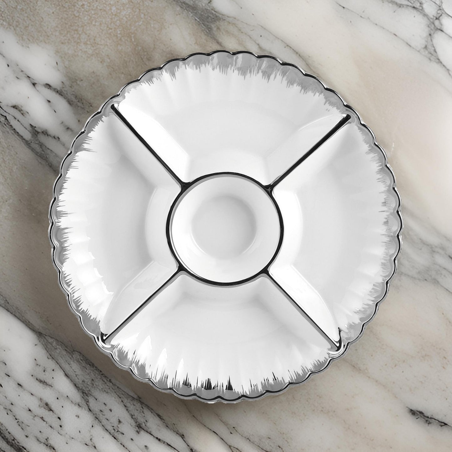 12 Inch Luxury Round Ceramic Serving Plate with Built-In 5 Compartments – Gold or Silver Trim