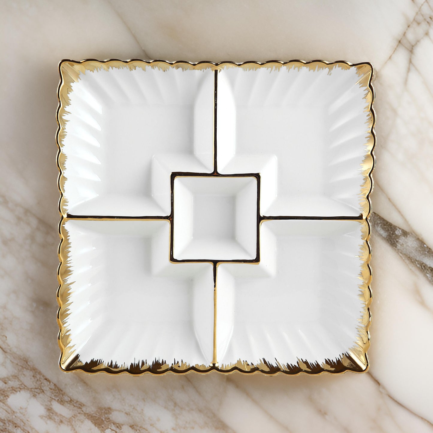 12.5 Inch Luxury Square Ceramic Serving Plate with 5 Built-In Compartments – Gold or Silver Trim