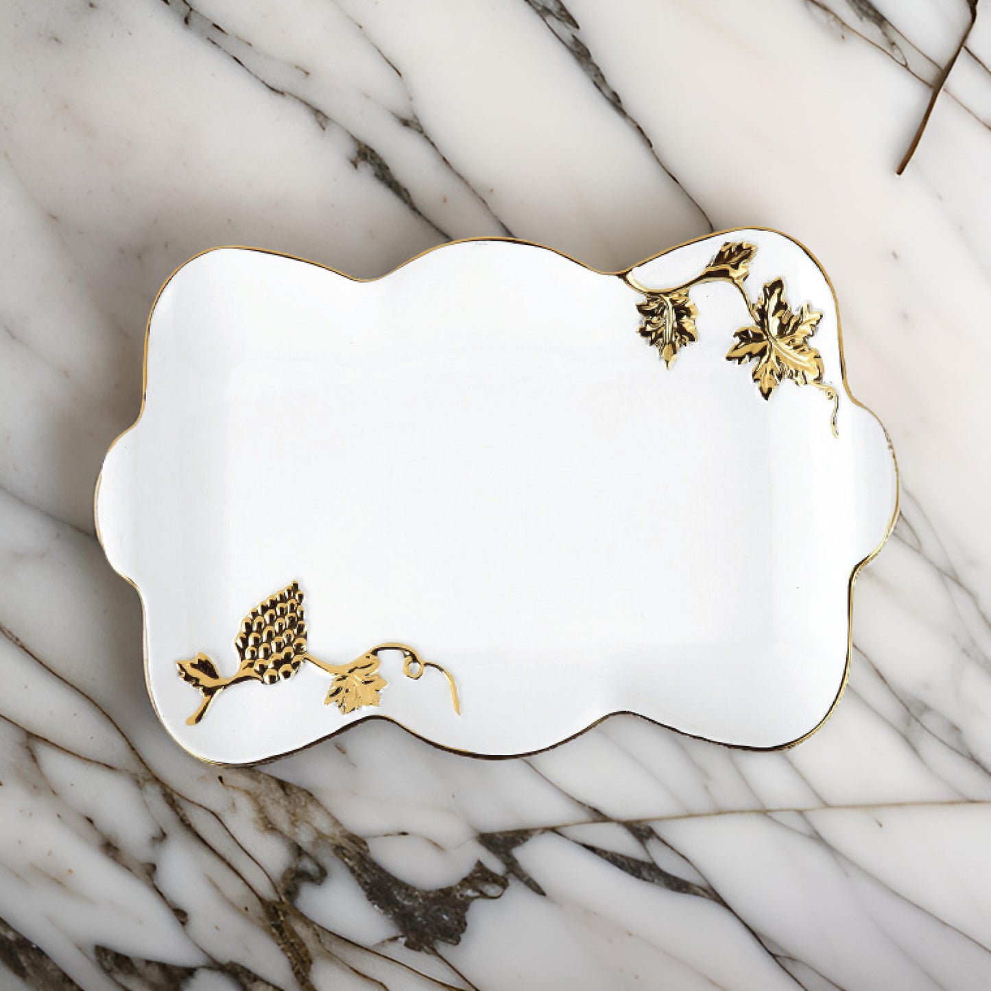 17 Inch Luxury Rectangular Ceramic Serving Tray with Vine & Leaf Design – Gold or Silver Accent