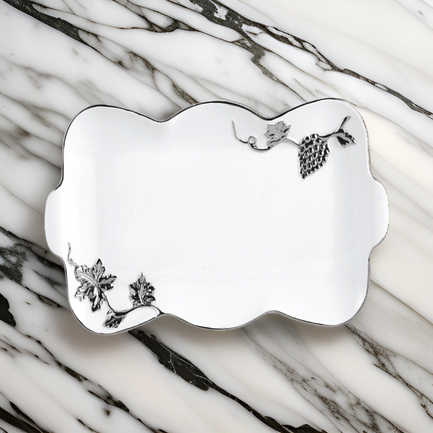 17 Inch Luxury Rectangular Ceramic Serving Tray with Vine & Leaf Design – Gold or Silver Accent