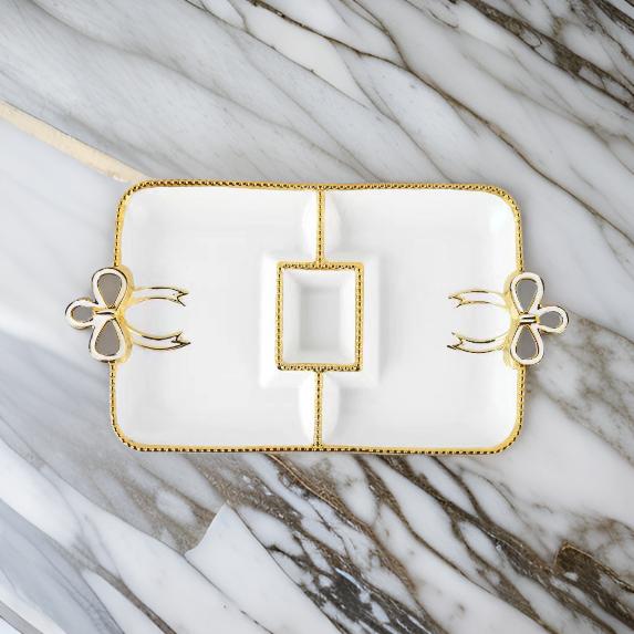 16-Inch Luxury Rectangular Ceramic Sectional Serving Tray with Bow Handles – Gold or Silver Trim