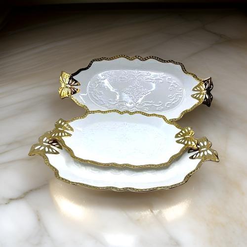 Luxury Oval Ceramic Serving Tray Set with Butterfly Handles – 15", 17", and 19" (Gold or Silver Trim)