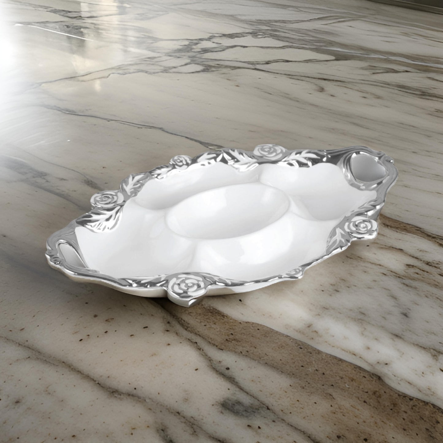 16-Inch Luxury Oval Ceramic Sectional Serving Dish with Silver Rose Trim & Handles