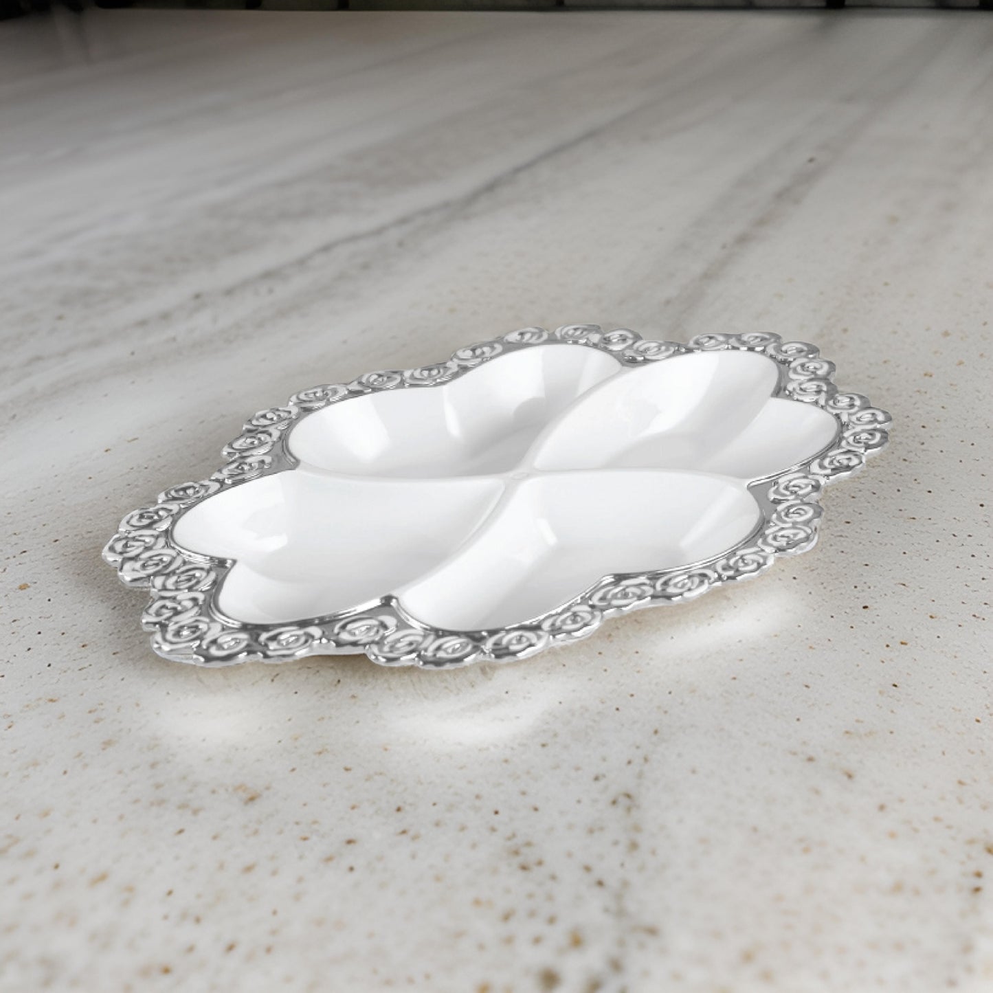 16-Inch Luxury Heart-Shaped 4-Section Ceramic Serving Plate with Silver Rose Trim