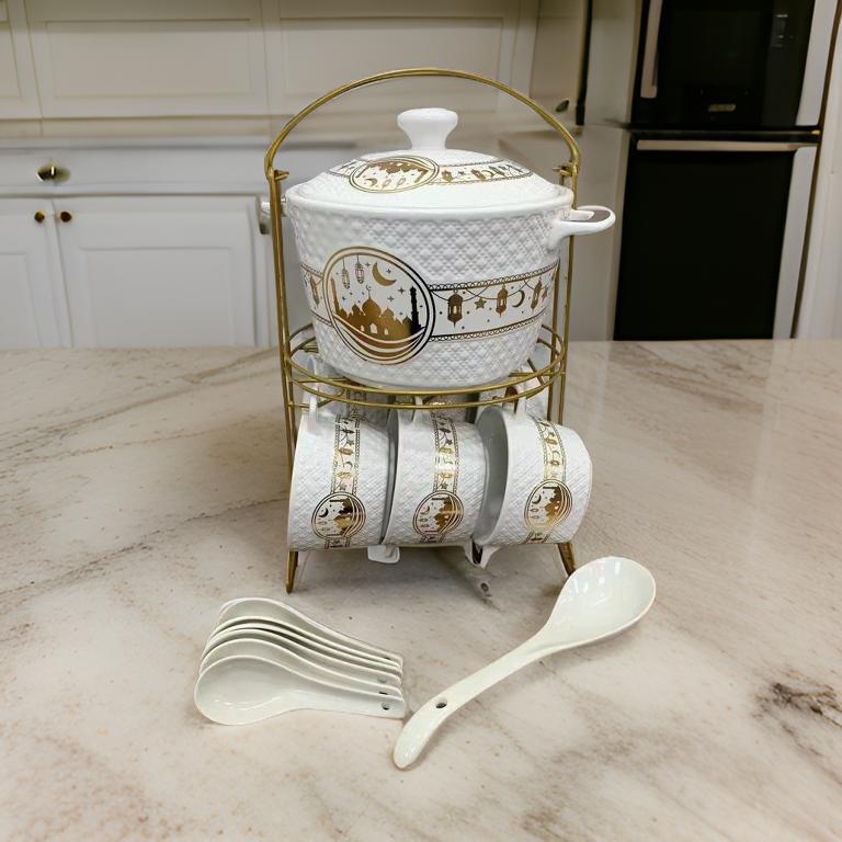14 Piece Luxury Ceramic Soup Bowl Set with Gold Design