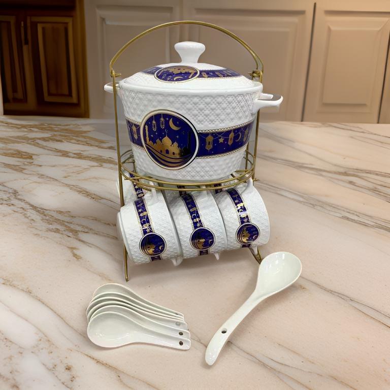 14-Piece Luxury Ceramic Soup Set with Blue & Gold Design