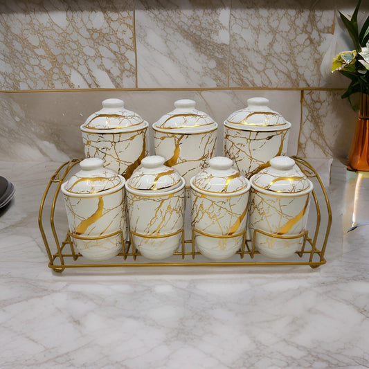 7-Piece Ceramic Spice Jar Set with Gold Marble Design & Rack