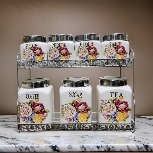 7-Piece Ceramic Kitchen Organizer Set with Floral Design & Metal Rack