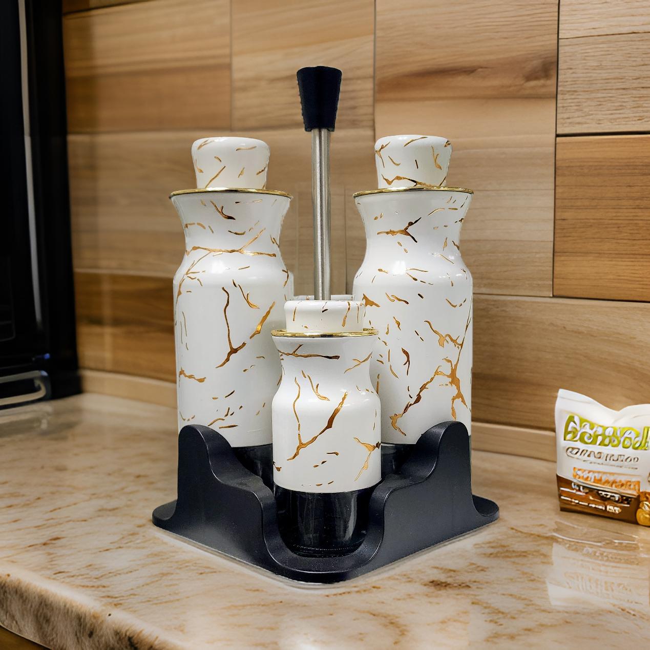 4-Piece Ceramic Condiment Set – Salt & Pepper Shakers, Oil & Vinegar Dispensers with Holder  Description: