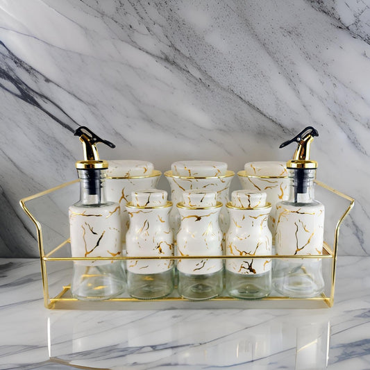 8-Piece Ceramic Spice Jar & Oil Dispenser Set with Metal Rack