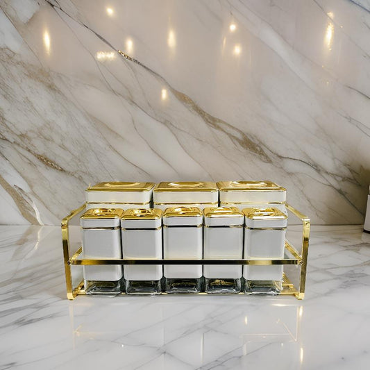 8-Piece Ceramic Spice Jar Set with Golden Lids & Rack