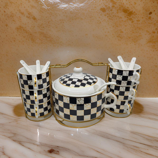 14-Piece Ceramic Soup Serving Set with Golden Rack – Checker Pattern