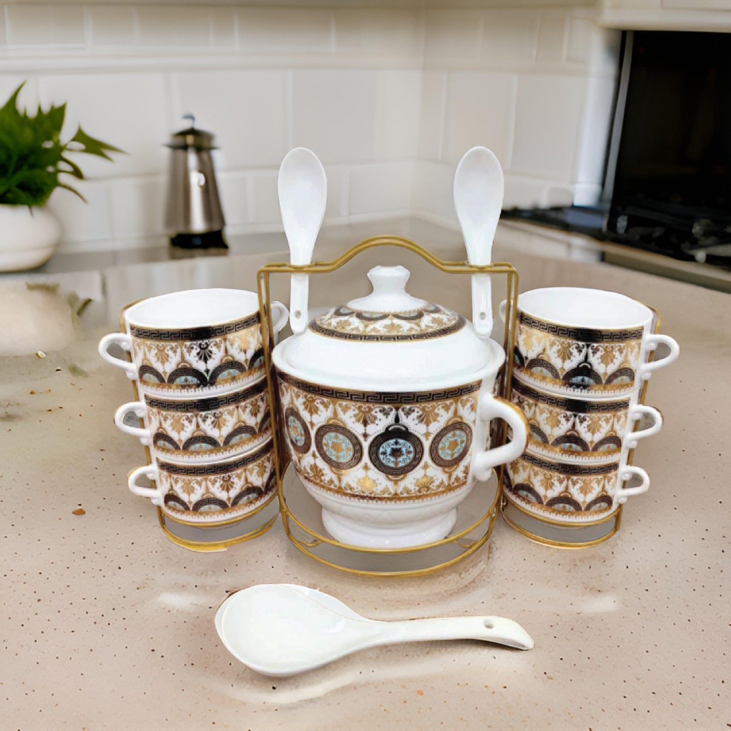 14-Piece Ceramic Soup Serving Set with Golden Rack – Royal Pattern