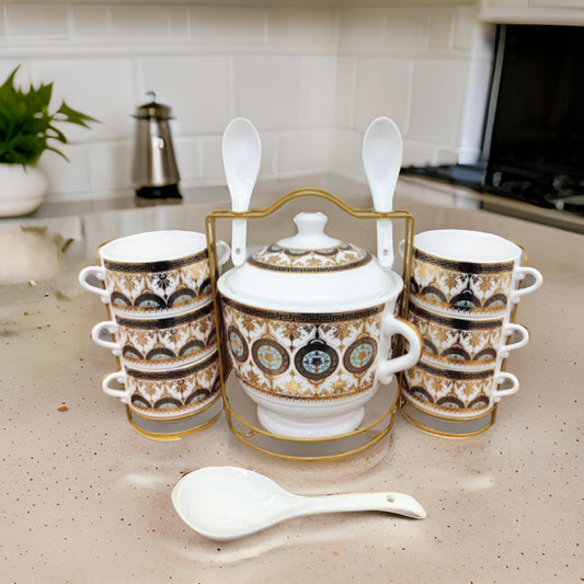 14-Piece Ceramic Soup Serving Set with Golden Rack – Royal Pattern