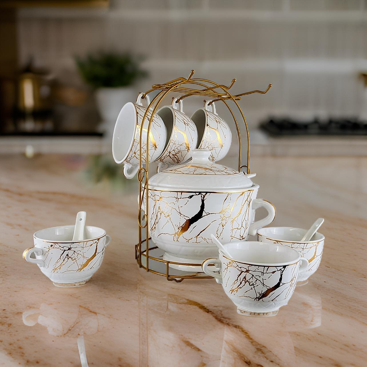 14-Piece Ceramic Soup Serving Set with Golden Marble Design & Rack