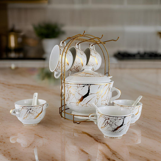14-Piece Ceramic Soup Serving Set with Golden Marble Design & Rack