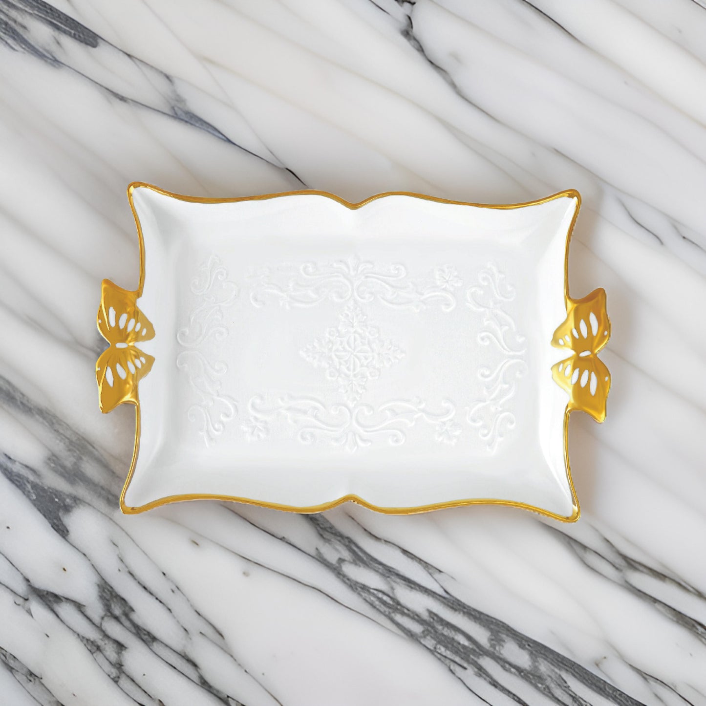 11.5" Rectangular Ceramic Serving Tray with Butterfly Handles – Available in Gold or Silver Trim