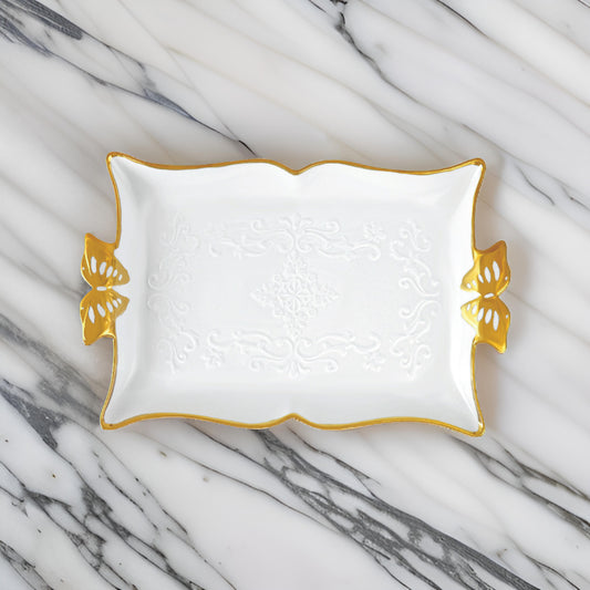 11.5" Rectangular Ceramic Serving Tray with Butterfly Handles – Available in Gold or Silver Trim