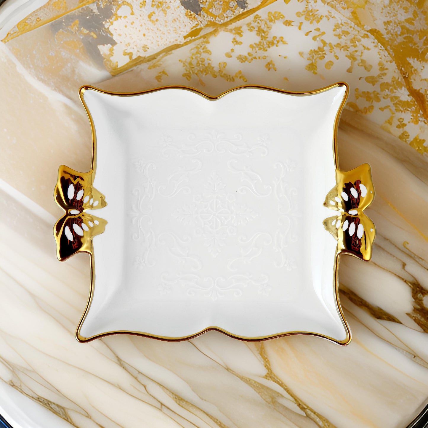 13" Rectangular Ceramic Serving Tray with Butterfly Handles – Gold or Silver Trim