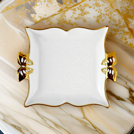13" Rectangular Ceramic Serving Tray with Butterfly Handles – Gold or Silver Trim
