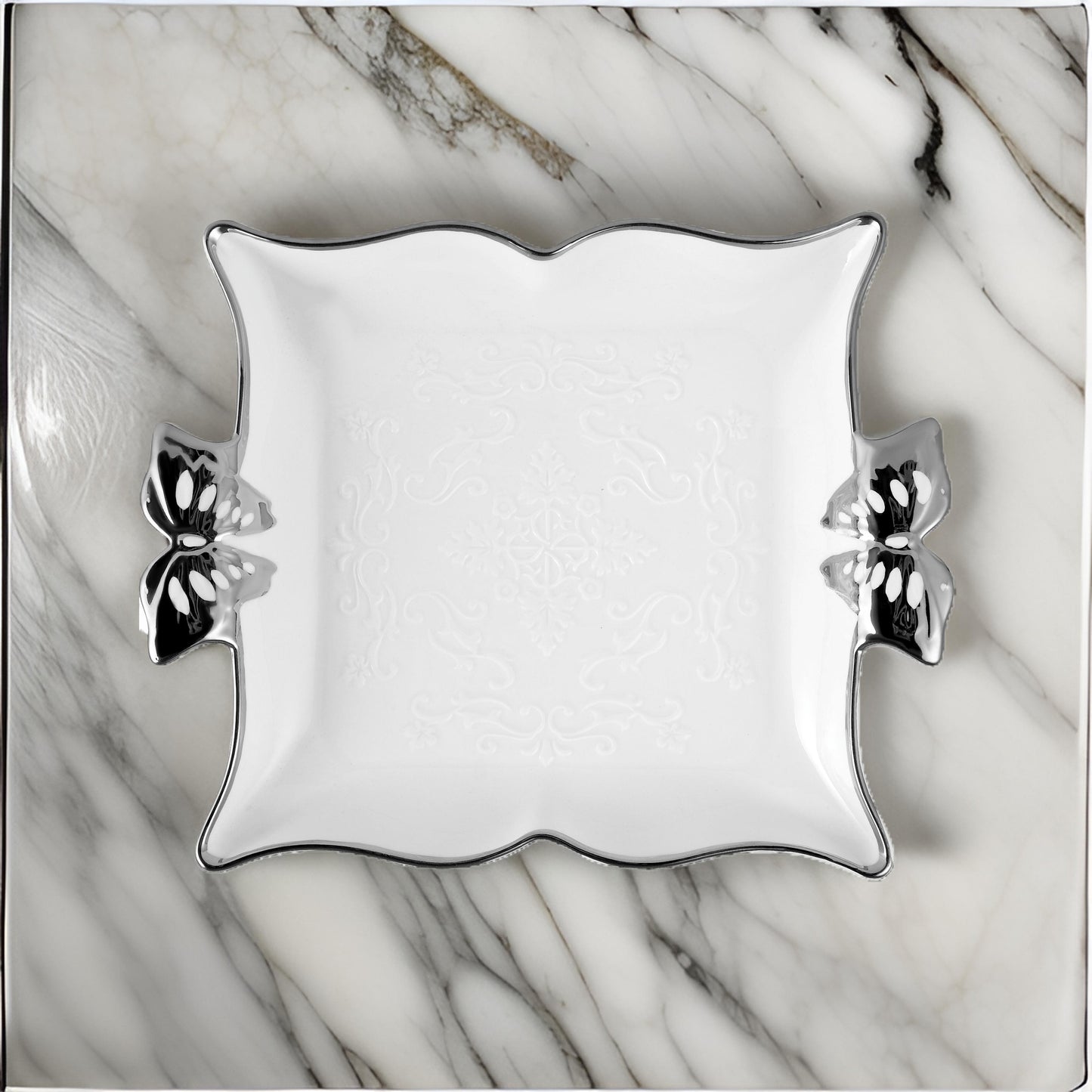 13" Rectangular Ceramic Serving Tray with Butterfly Handles – Gold or Silver Trim