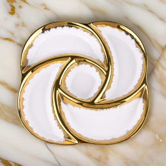 5-Section Dry Fruit Serving Dish – Elegant Ceramic with Gold & Silver Trim Options