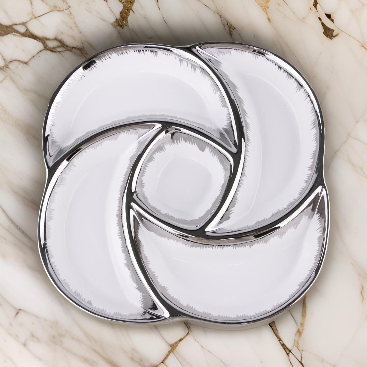 5-Section Dry Fruit Serving Dish – Elegant Ceramic with Gold & Silver Trim Options