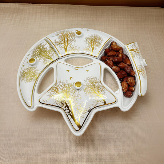 Ceramic Dried Fruit Serving Dish with Lids – Crescent & Star Design, 4-Section Tray