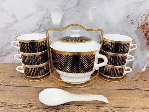 14-Piece Ceramic Soup Serving Set with Golden Dot Pattern & Metal Stand