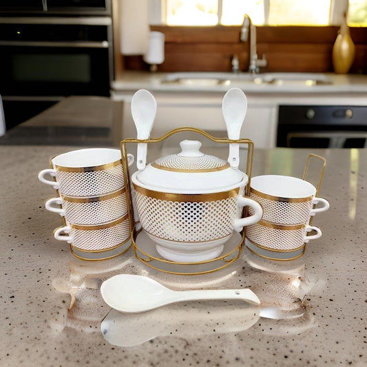 14-Piece Ceramic Soup Serving Set with Gold Accents & Metal Stand