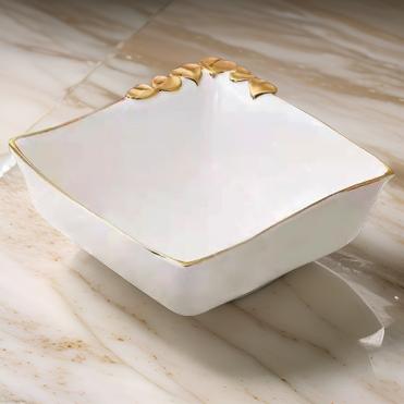 5" Square Ceramic Deep Bowl with Silver/Gold Trim – Elegant Snack, Dessert & Side Dish Bowl