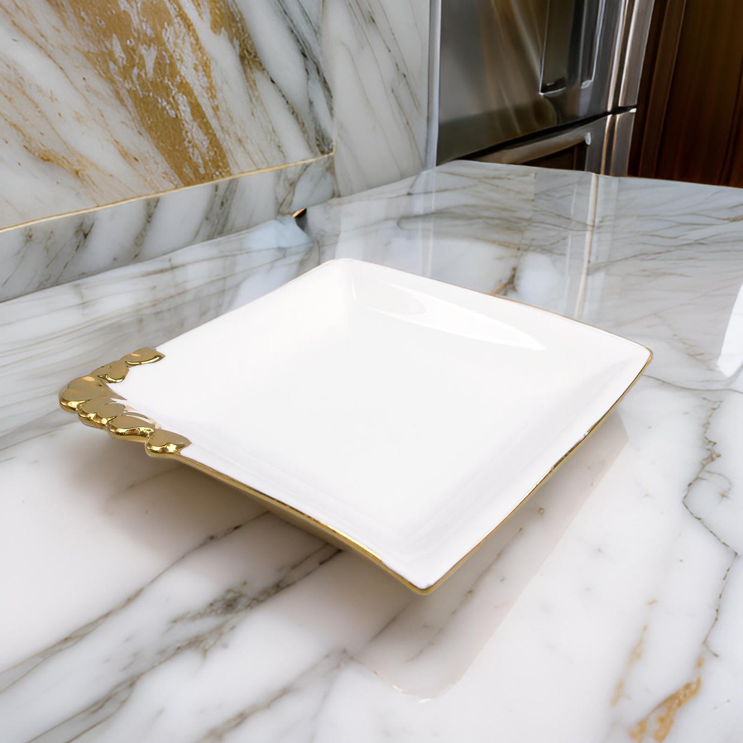 10" Square Ceramic Serving Plate with Silver/Gold Trim – Elegant Dinner, Appetizer & Dessert Dish