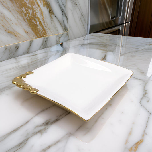 10" Square Ceramic Serving Plate with Silver/Gold Trim – Elegant Dinner, Appetizer & Dessert Dish