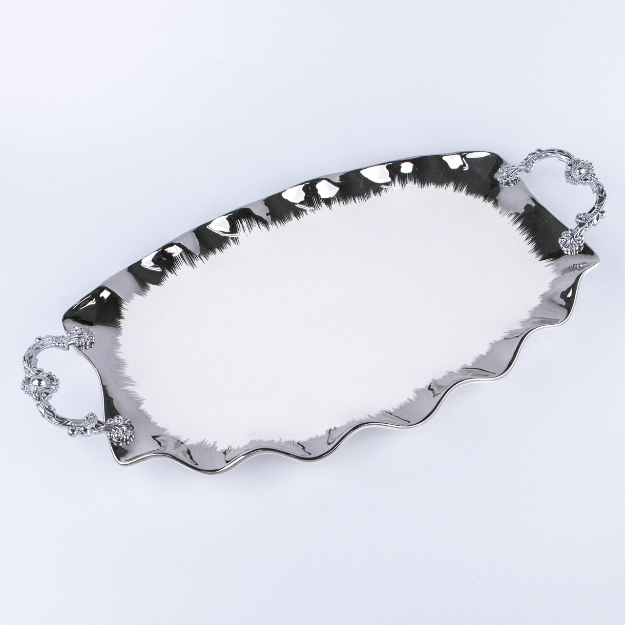 16" Rectangular Ceramic Serving Dish with Ornate Silver Handles