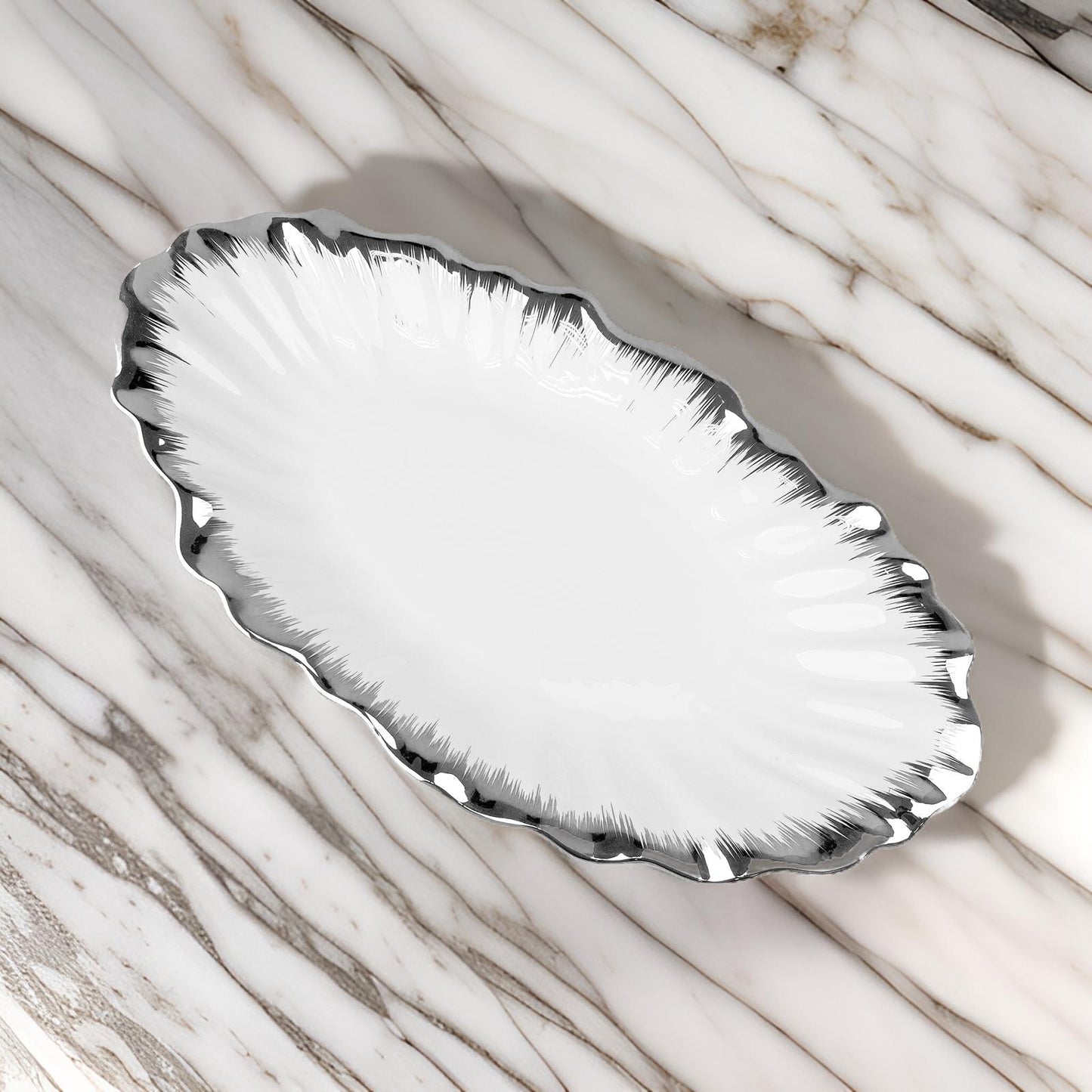 25" Large Deep Ceramic Serving Dish with Silver/Gold Trim – Elegant Oval Platter for Main Dishes & Family-Style Meals